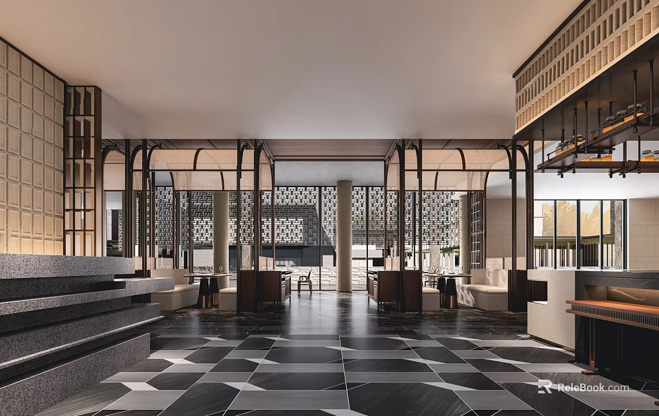 Elegant Restaurant Interior With Geometric Floor Pattern And Modern Decor 3d model