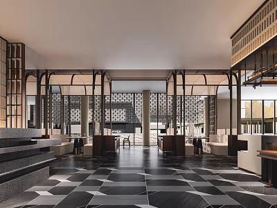 Elegant Restaurant Interior With Geometric Floor Pattern And Modern Decor 3d model