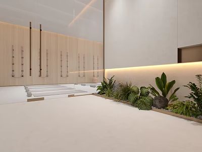 Modern Workout Area With Wooden Wall Hanging Fitness Equipment And Green Plants 3d model