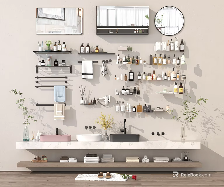 Modern Bathroom Accessories Design With Wall Shelves Towel Racks Mirrors Toiletries And Organized Sink 3d model 