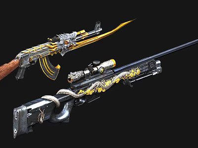 Ornate Decorated Rifle And Sniper Rifle With Golden Patterns And Dragon Designs 3d model