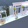 Pink Cottage Photo Spot With White Awning Green Plants Windows White Chairs And Stuffed Bear