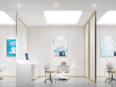 Modern Dental Clinic Interior With White Walls Lighting Chairs And Posters 3d model