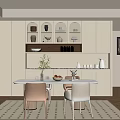 Modern Dining Table Set with White Cabinets Arched Display Shelves and Geometric Rug