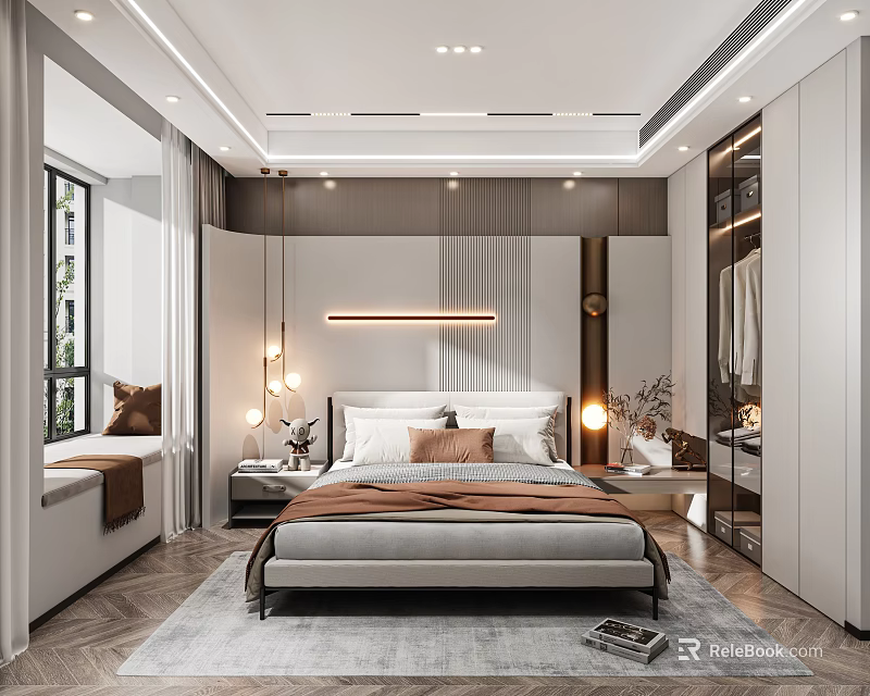 Modern Bedroom Interior Design With Bedside Light Strip Carpet And Bay Window Wardrobe 3d model 