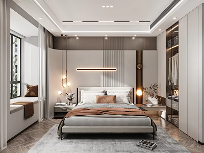 Modern Bedroom Interior Design With Bedside Light Strip Carpet And Bay Window Wardrobe 3d model