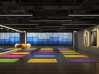 Colorful Yoga Mats Yellow Balls And Wall Art In Bright Fitness Studio With Large Windows 3d model