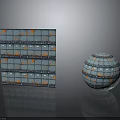 Blue Orange Patterned Layered Cuboid And Spherical Equipment With Reflective Surfaces 3d model