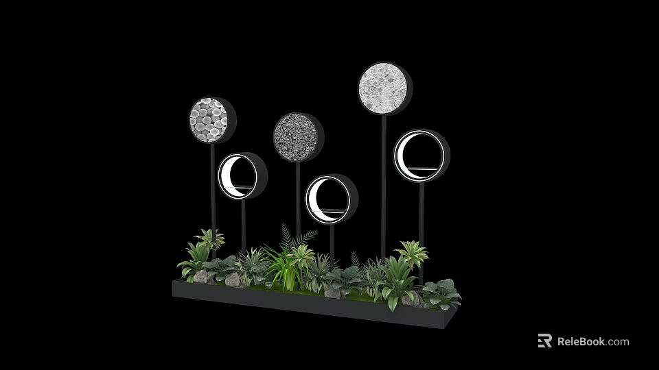 Modern Display Island Featuring Circular Decorations Lush Green Plants And Lighting Elements 3d model