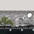 Modern Stone Feature Wall With Circular Window Water Feature Small Tree And Fountains 3d model