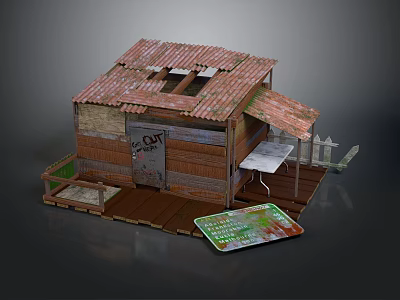 Cartoon Scene of Small Wooden House with Roof CAT Sign Table Chairs and Welcome Mat 3d model