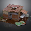 Cartoon Scene of Small Wooden House with Roof CAT Sign Table Chairs and Welcome Mat