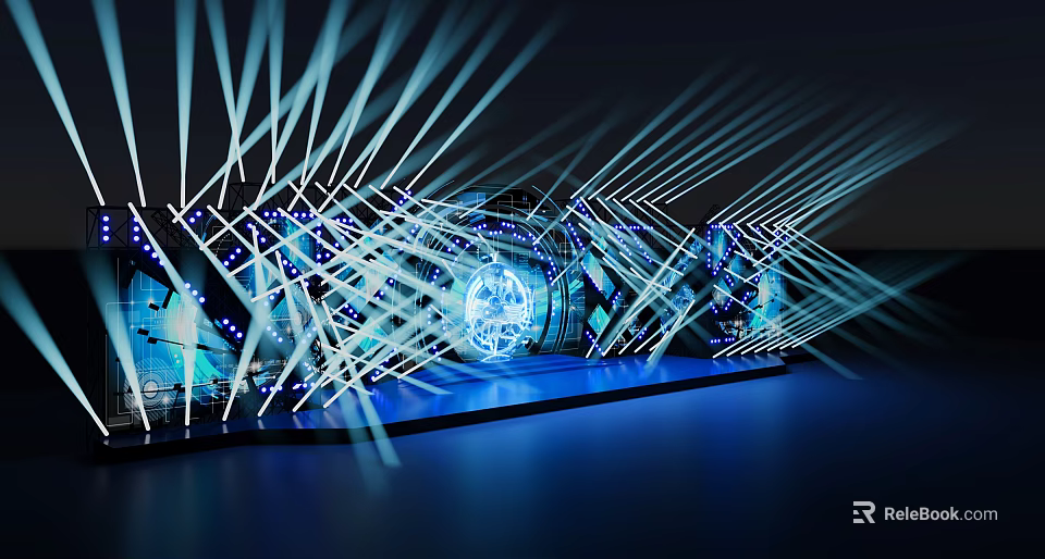 Futuristic Architectural Installation With Blue Lights Laser Beams Intricate Geometric Lines And Central Glowing Logo 3d model 