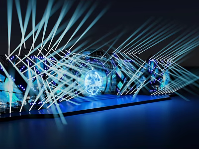 Futuristic Architectural Installation With Blue Lights Laser Beams Intricate Geometric Lines And Central Glowing Logo 3d model