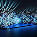 Futuristic Architectural Installation With Blue Lights Laser Beams Intricate Geometric Lines And Central Glowing Logo