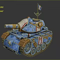Blue Tank With Flag On Top Red White Stripes Number 01 And Brown Tracks