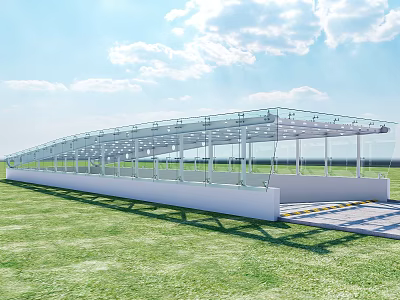Road Infrastructure with Glass Roof and Metal Frame Set on Green Grass Under Blue Sky 3d model