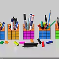 Colorful Writing Pens in Rubik's Cube Holders with Scissors Erasers and White Background