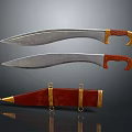 Carved Knife Sculptures Featuring Metal Blades Red Handles And Gold Decorated Sheath