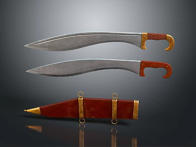 Carved Knife Sculptures Featuring Metal Blades Red Handles And Gold Decorated Sheath 3d model