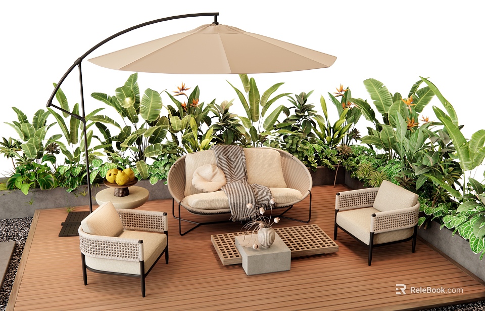 Outdoor Sofa with Wicker Design Green Plants Patio Umbrella and Wooden Deck 3d model 