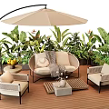 Outdoor Sofa with Wicker Design Green Plants Patio Umbrella and Wooden Deck