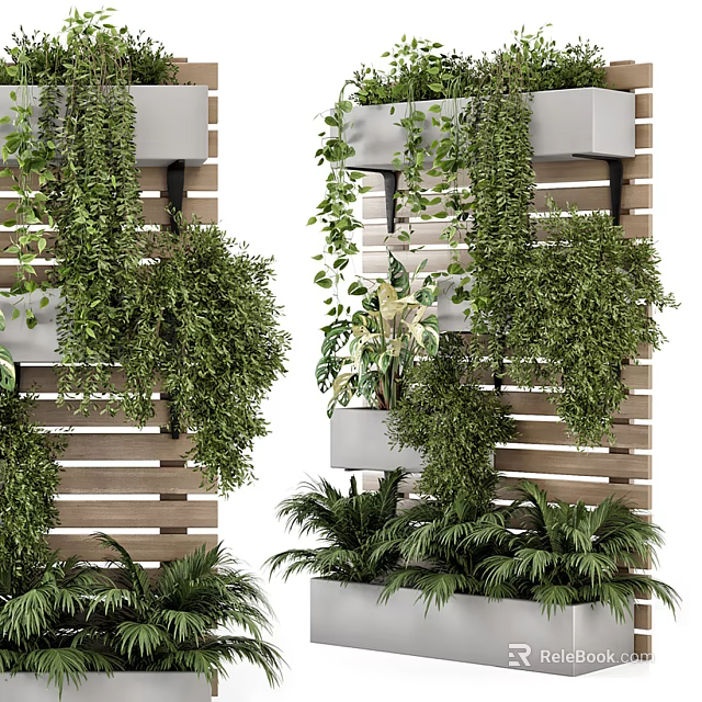 Lush Vertical Garden Decor With Hanging Green Plants And Wooden Panel Planters 3d model 