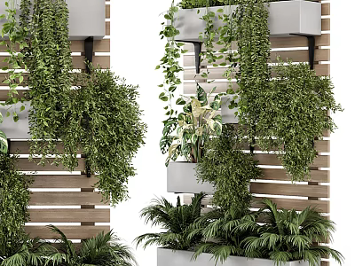 Lush Vertical Garden Decor With Hanging Green Plants And Wooden Panel Planters 3d model