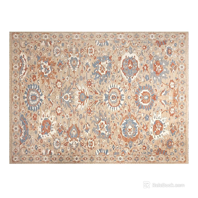 Traditional Square Rug With Beige Base Blue And Orange Floral Patterns 3d model