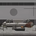 Modern Sofa And Coffee Table Set With Accent Pillows Throw Blanket And Wall Decor Mirror 3d model