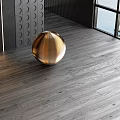 Gray Wooden Floor In Modern Interior With Golden Spherical Decoration And Large Windows