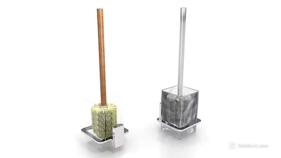 Two Toilet Brushes with Wooden and Metal Handles and Base Holders for Daily Cleaning 3d model 