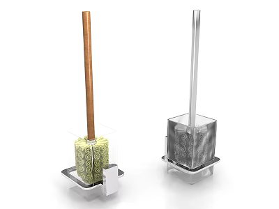 Two Toilet Brushes with Wooden and Metal Handles and Base Holders for Daily Cleaning 3d model