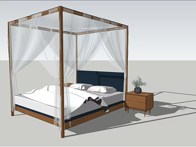 Double Bed with Four Poster Wood Frame White Canopy Dark Blue Headboard and Nightstand Plant 3d model