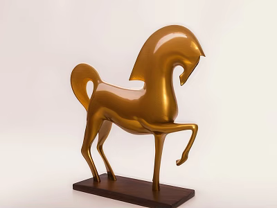 Golden Horse Shaped Decorative Figurine Set With Wooden Base And Modern Design 3d model