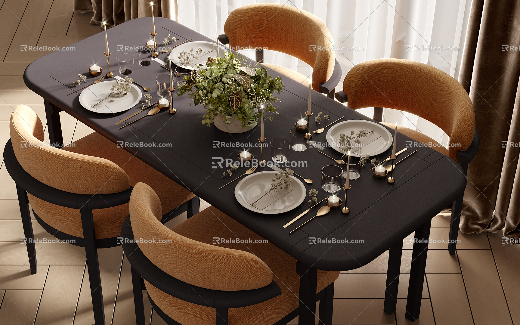 Modern Dining Table and Chair Combination Dining Table and Chair Wood Floor Curtain Gauze Curtain 3d model