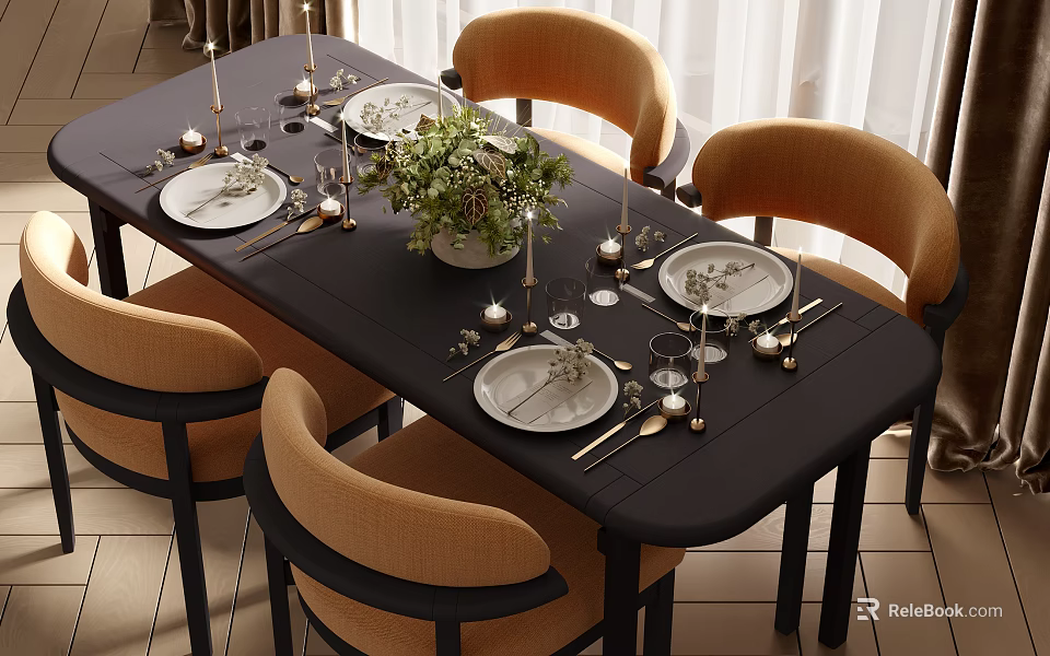 Modern Black Dining Table Set with Orange Chairs Plates Candles and Greenery 3d model 