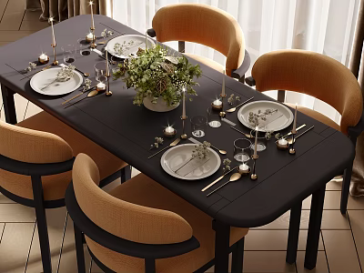 Modern Black Dining Table Set with Orange Chairs Plates Candles and Greenery 3d model