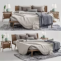Modern Double Bed Interior With Wooden Headboard Cozy Bedding Gray Throw And Nightstands