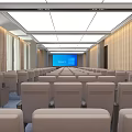 Spacious Modern Conference Room With Light Colored Seats And Blue Screen 3d model