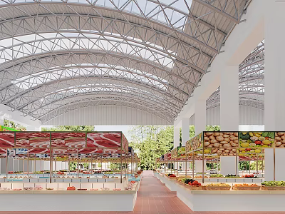 Spacious Department Store Interior With Arched Ceiling Fresh Produce Meat Section And Organized Shelves 3d model