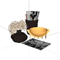 Elegant Carved Sculptural Decorations With Golden Bowl Black Vase White Flowers Magazines And Papers