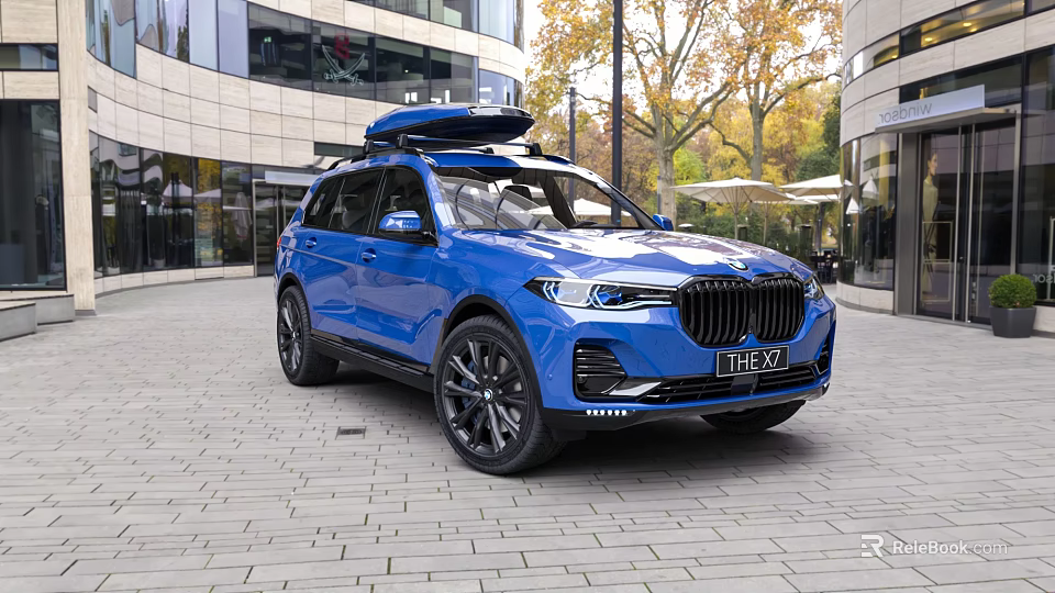 Blue BMW SUV With Roof Cargo Box Parked On Urban Street Near Modern Building 3d model 