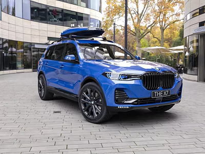 Blue BMW SUV With Roof Cargo Box Parked On Urban Street Near Modern Building 3d model