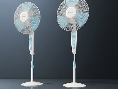 Two White And Light Blue Standing Air Cooler Fans With Adjustable Height Design 3d model