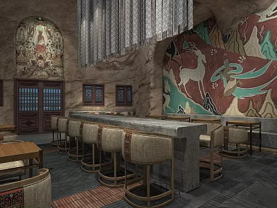 Traditional Cave Style Restaurant Interior With Murals Bar Counter Modern Design And Wooden Furniture 3d model