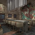 Traditional Cave Style Restaurant Interior With Murals Bar Counter Modern Design And Wooden Furniture