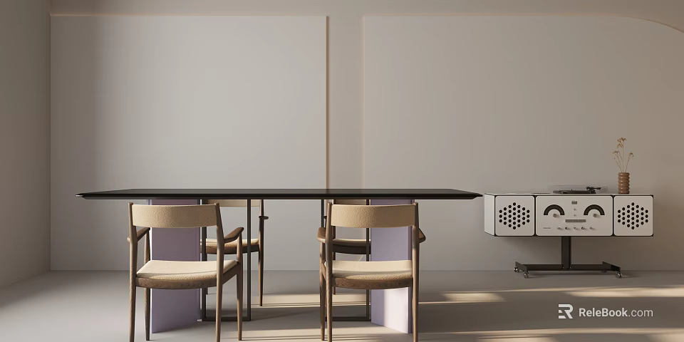 Modern Long Dining Table Set With Upholstered Chairs And Light Colored Walls 3d model