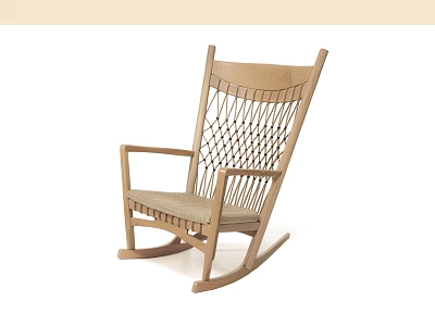 Natural Wooden Rocking Chair With Woven Backrest And Comfortable Seat Design 3d model