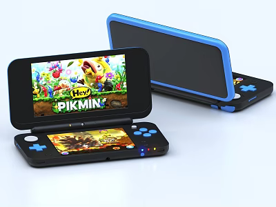 Dual Screen Digital Game Console Displaying Pikmin Game With Black Blue Design 3d model